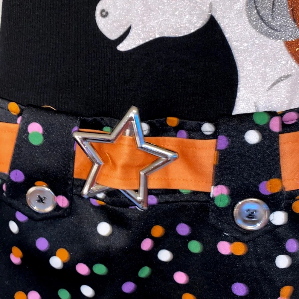 Girls 6x Halloween Dress Black Witch Unicorn Glitter Star Belt Polka Dot
